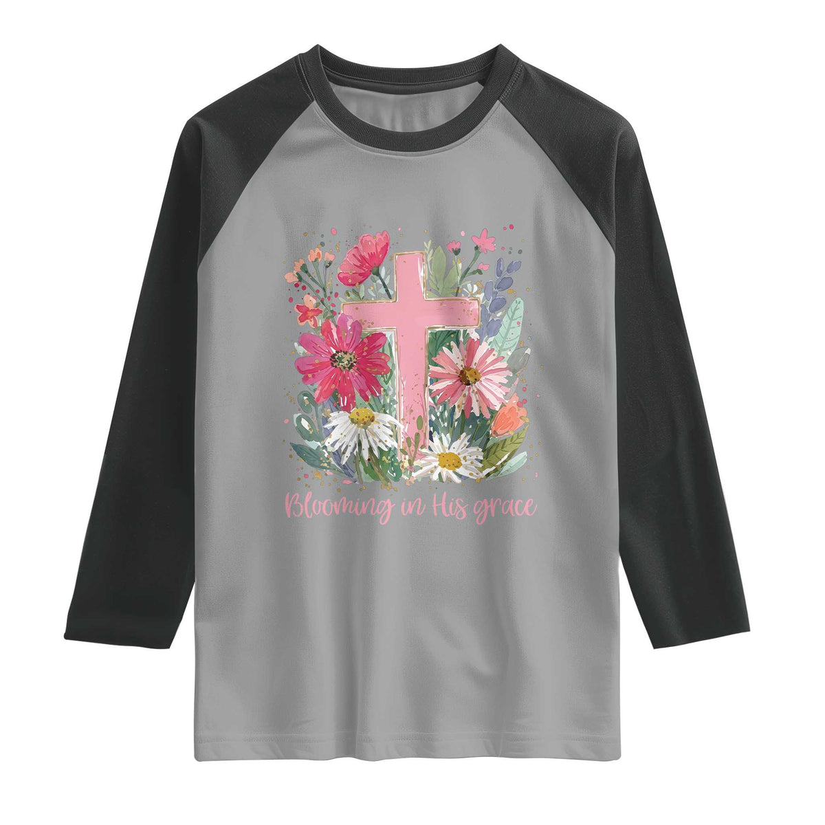 Blooming in His Grace Raglan Shirt Boho Wildflower Christian Faith Bible Verse