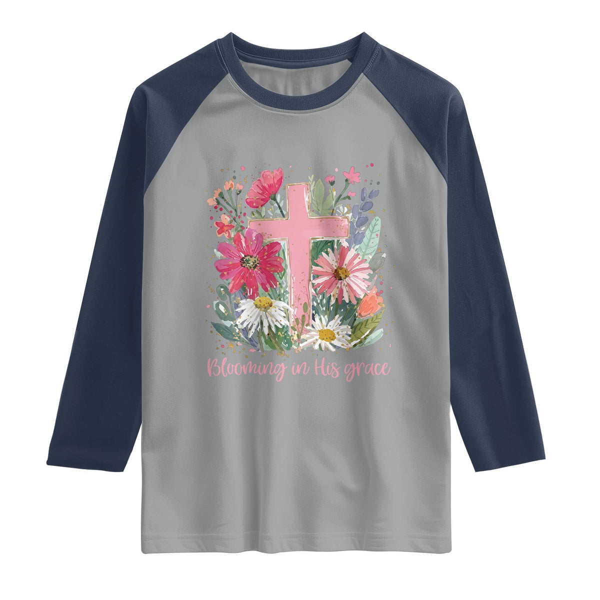 Blooming in His Grace Raglan Shirt Boho Wildflower Christian Faith Bible Verse
