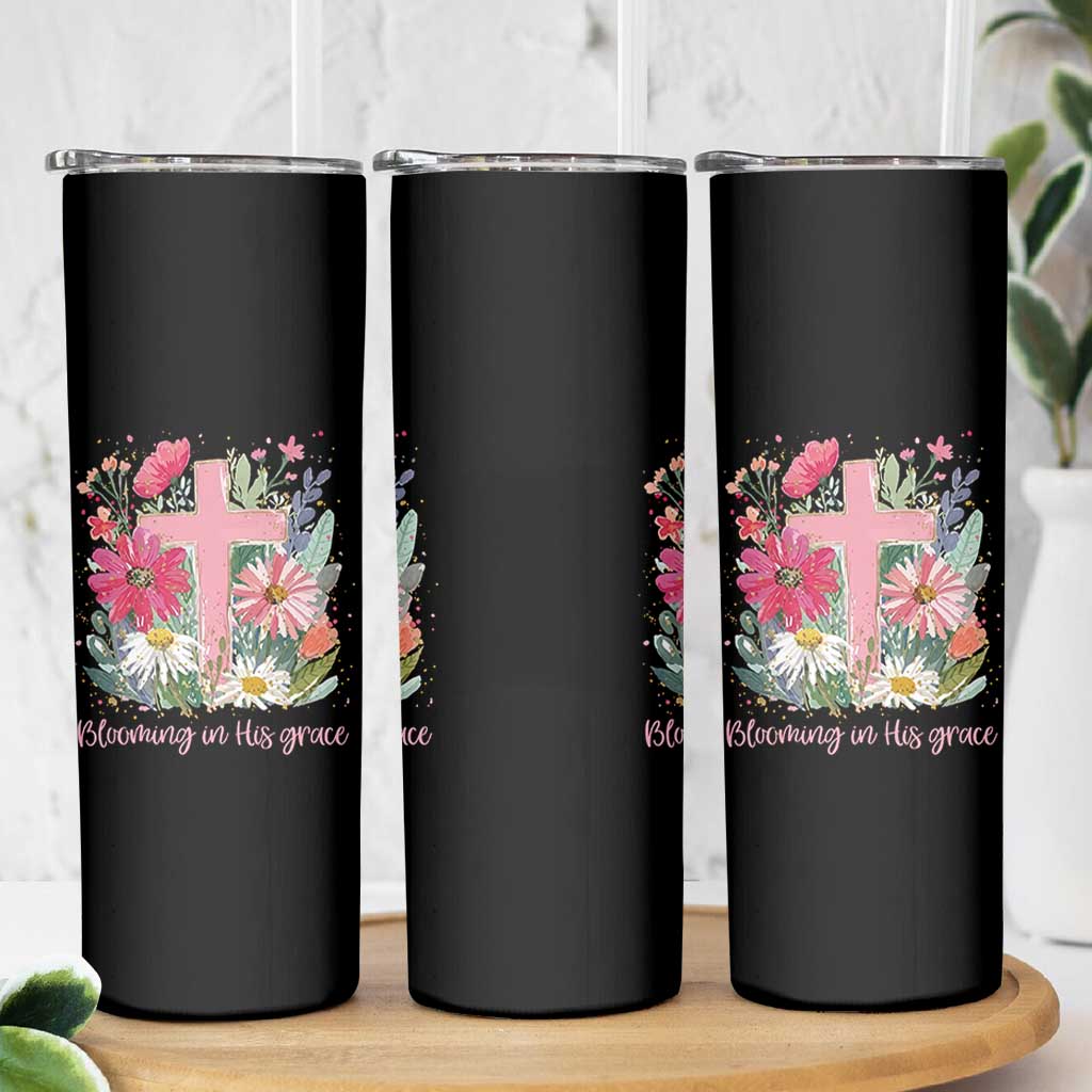 Blooming in His Grace Skinny Tumbler Boho Wildflower Christian Faith Bible Verse