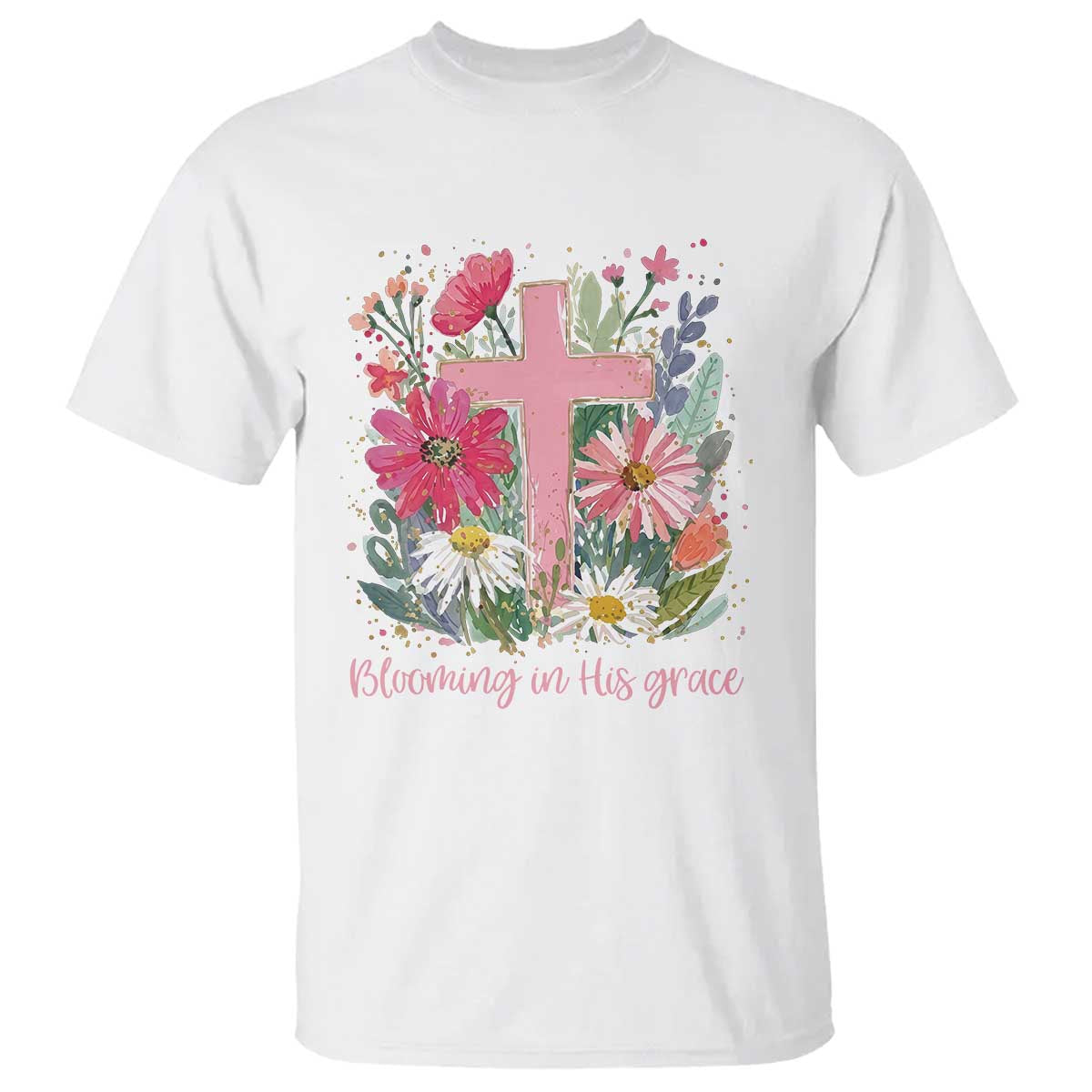Blooming in His Grace T Shirt Boho Wildflower Christian Faith Bible Verse