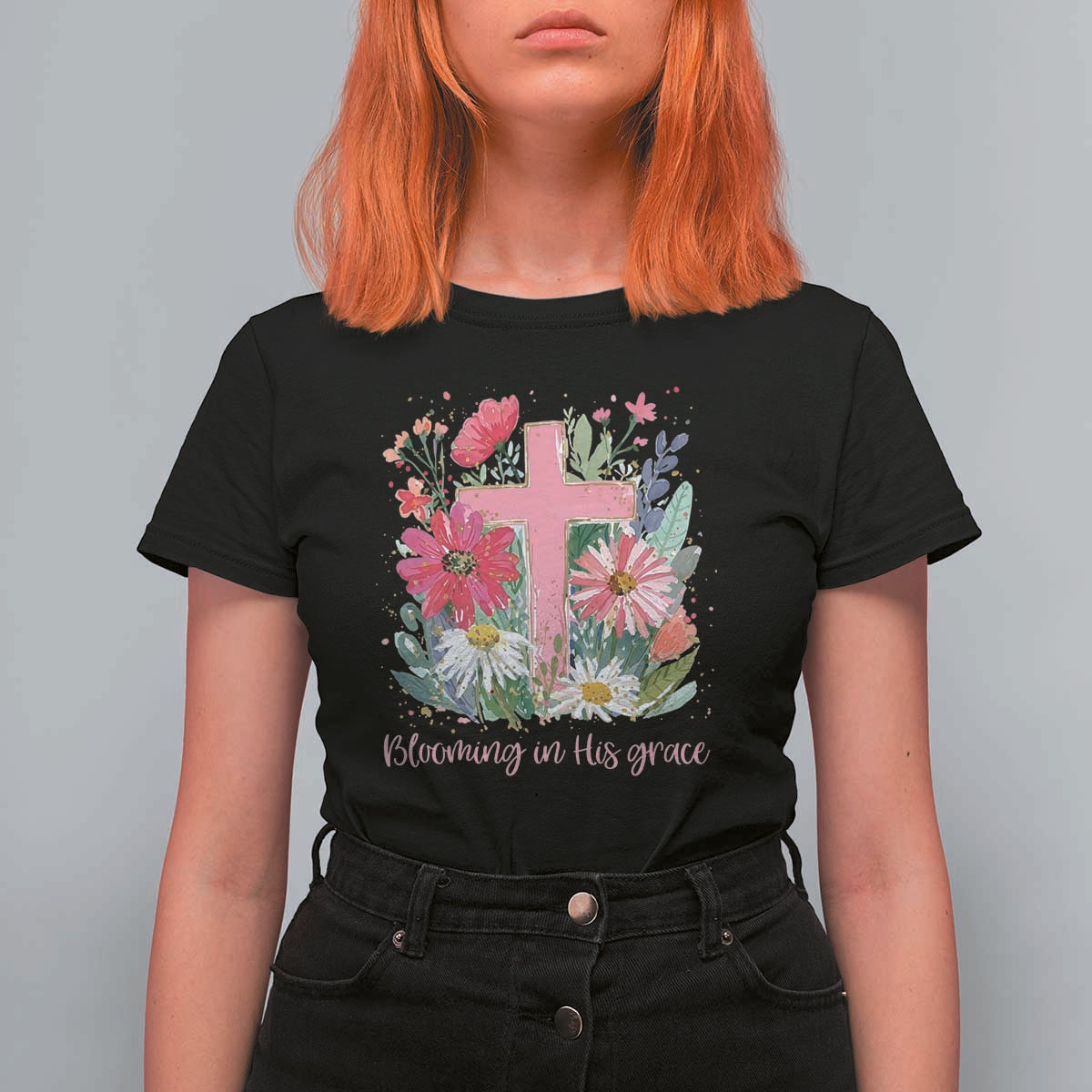 Blooming in His Grace T Shirt For Women Boho Wildflower Christian Faith Bible Verse