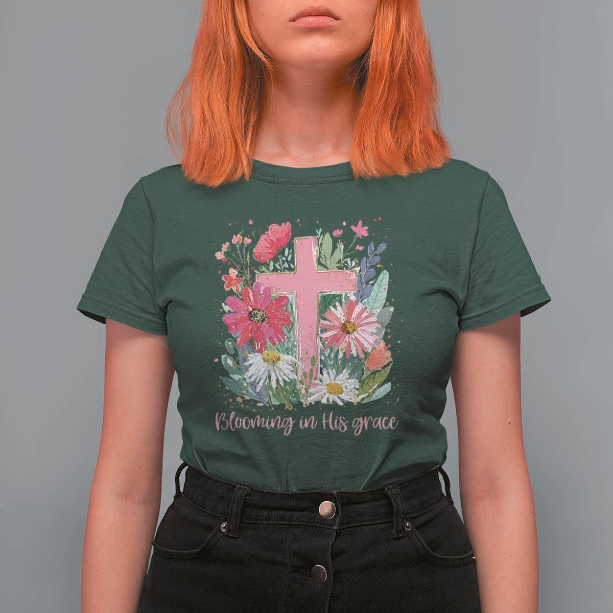 Blooming in His Grace T Shirt For Women Boho Wildflower Christian Faith Bible Verse