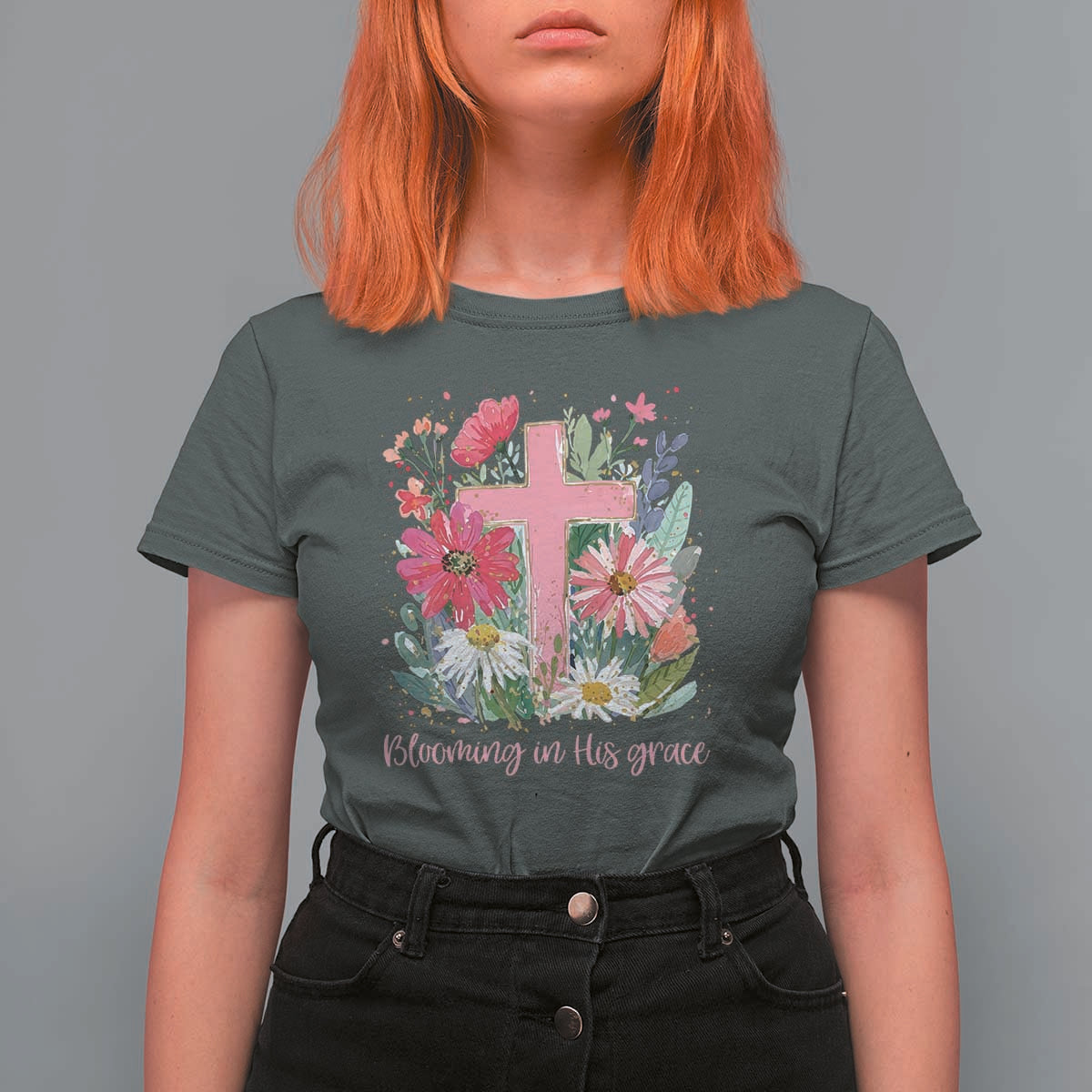 Blooming in His Grace T Shirt For Women Boho Wildflower Christian Faith Bible Verse