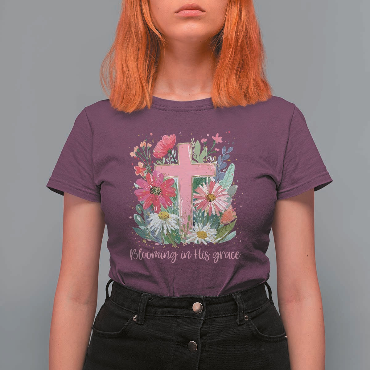 Blooming in His Grace T Shirt For Women Boho Wildflower Christian Faith Bible Verse