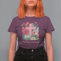 Blooming in His Grace T Shirt For Women Boho Wildflower Christian Faith Bible Verse
