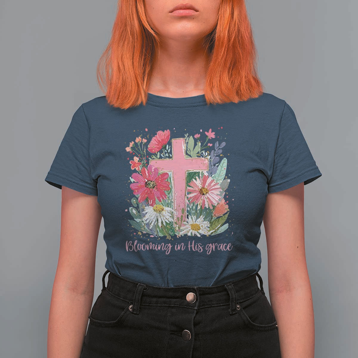 Blooming in His Grace T Shirt For Women Boho Wildflower Christian Faith Bible Verse