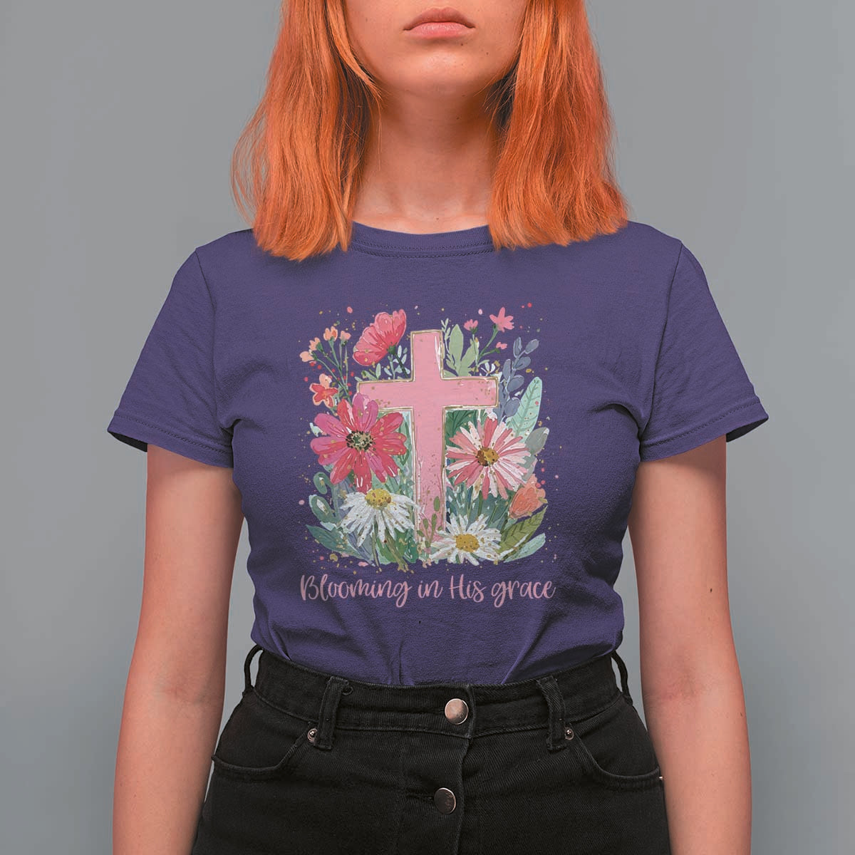 Blooming in His Grace T Shirt For Women Boho Wildflower Christian Faith Bible Verse