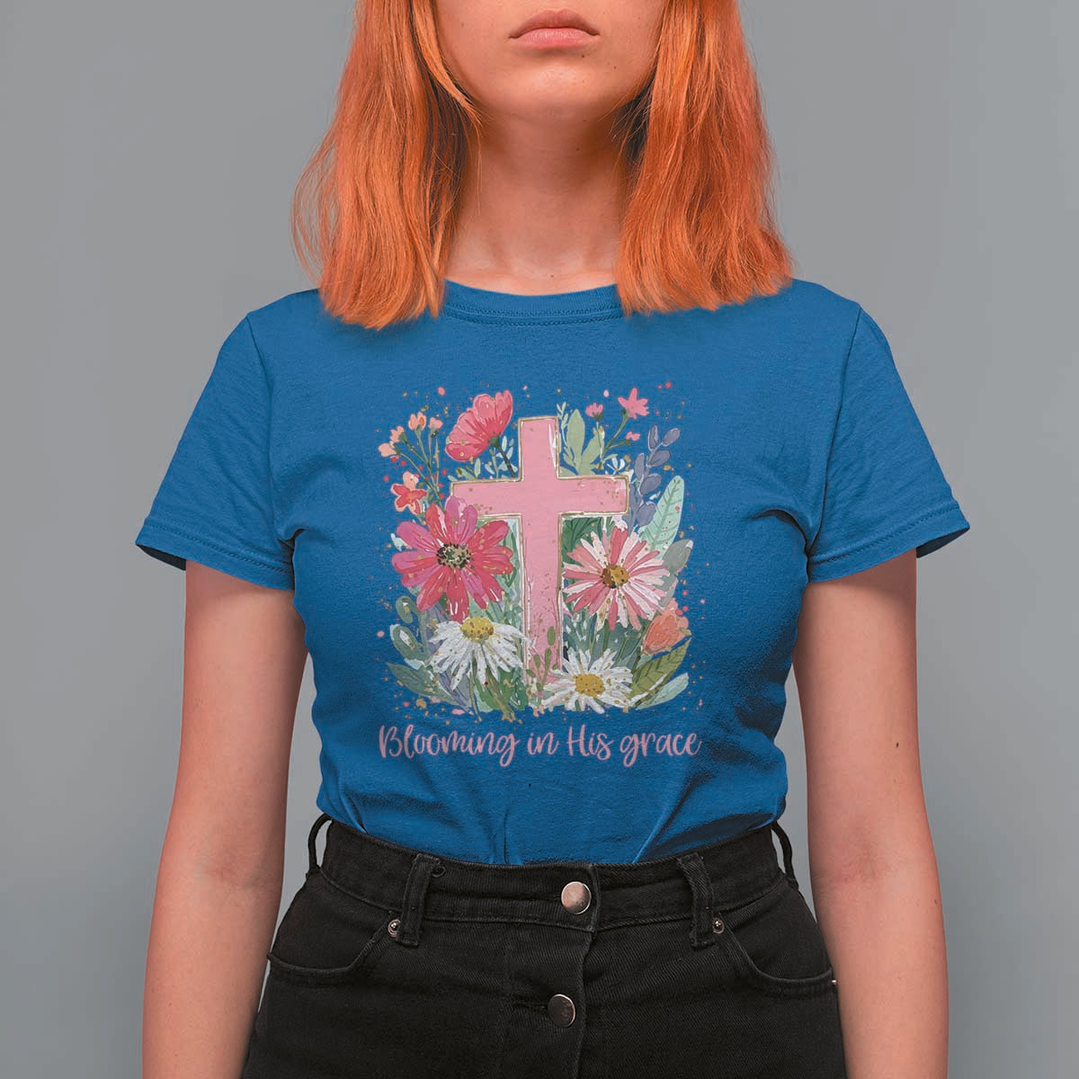 Blooming in His Grace T Shirt For Women Boho Wildflower Christian Faith Bible Verse