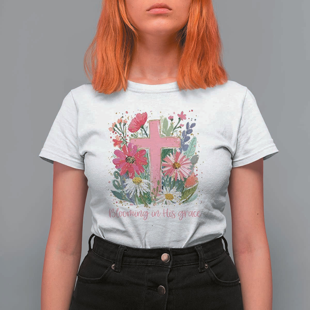 Blooming in His Grace T Shirt For Women Boho Wildflower Christian Faith Bible Verse