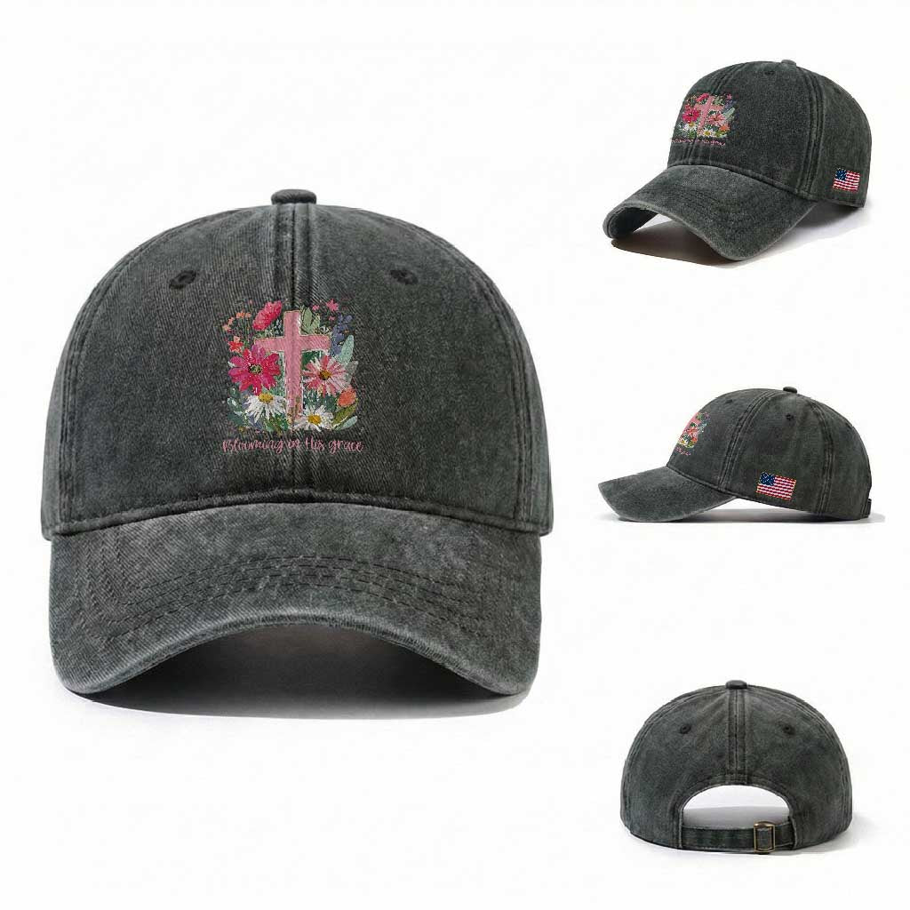 Blooming in His Grace Washed Cotton Baseball Cap Boho Wildflower Christian Faith Bible Verse