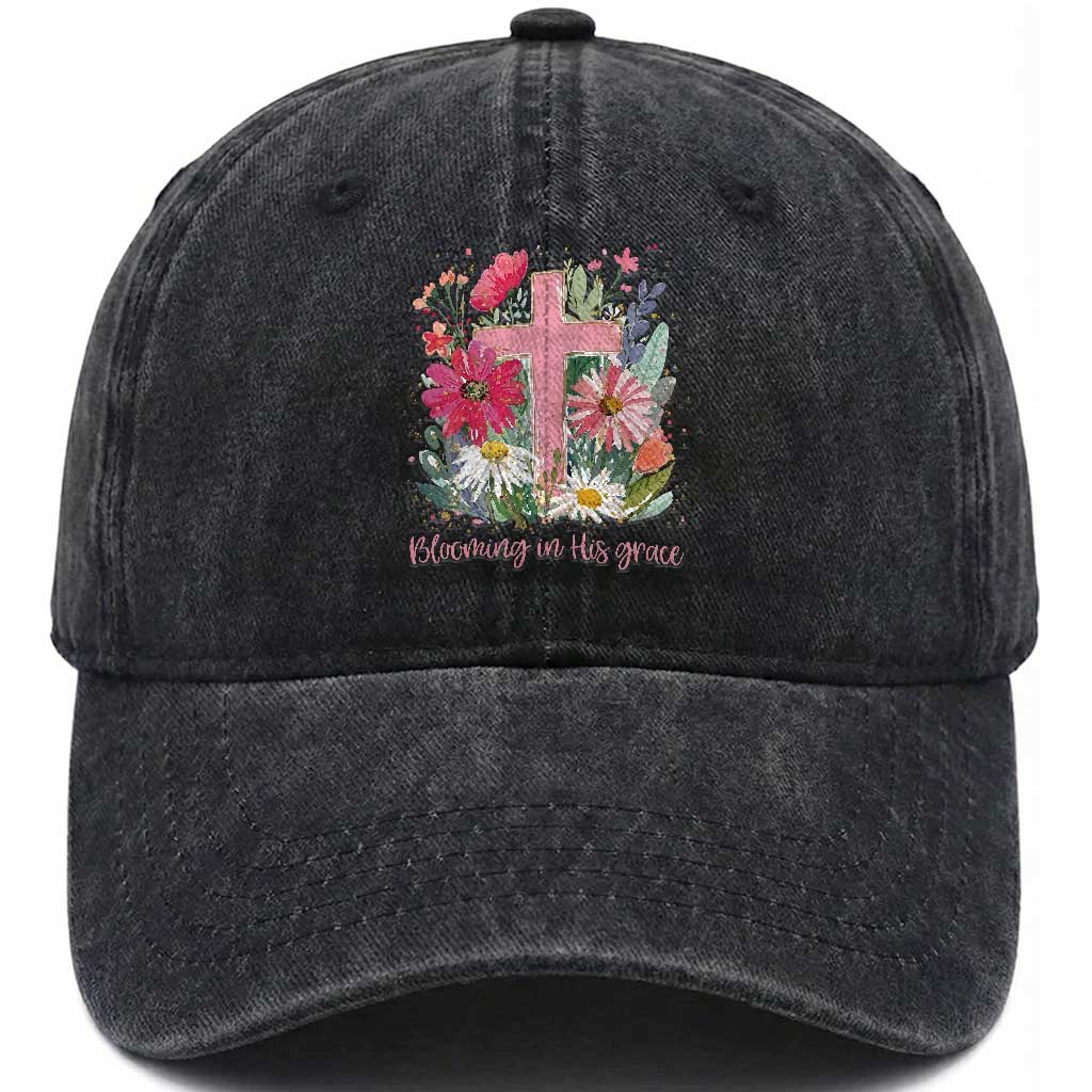 Blooming in His Grace Washed Cotton Baseball Cap Boho Wildflower Christian Faith Bible Verse