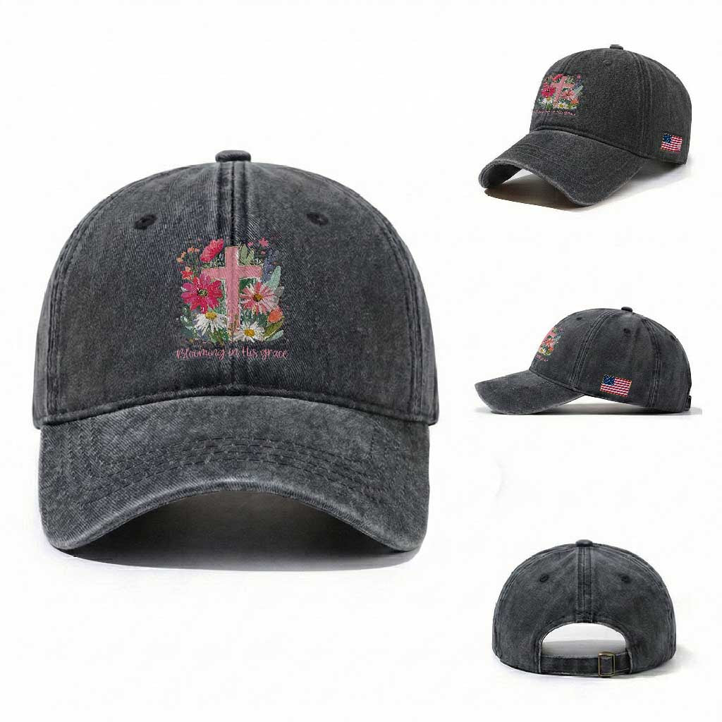 Blooming in His Grace Washed Cotton Baseball Cap Boho Wildflower Christian Faith Bible Verse