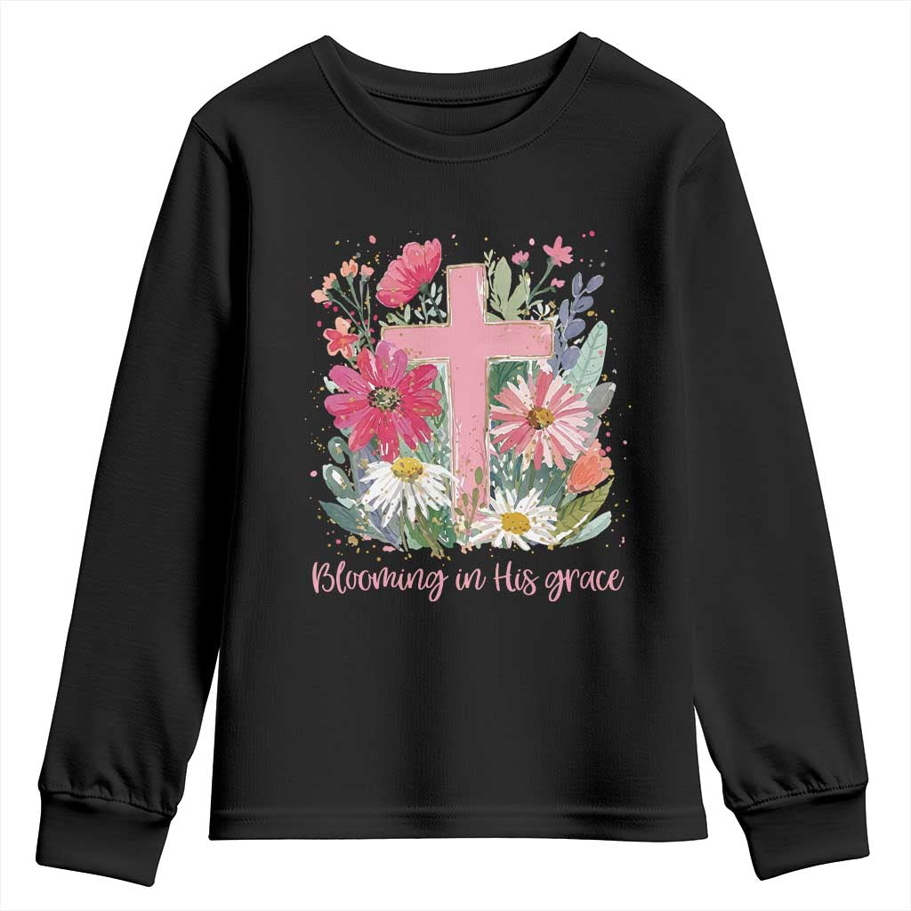 Blooming in His Grace Youth Sweatshirt Boho Wildflower Christian Faith Bible Verse