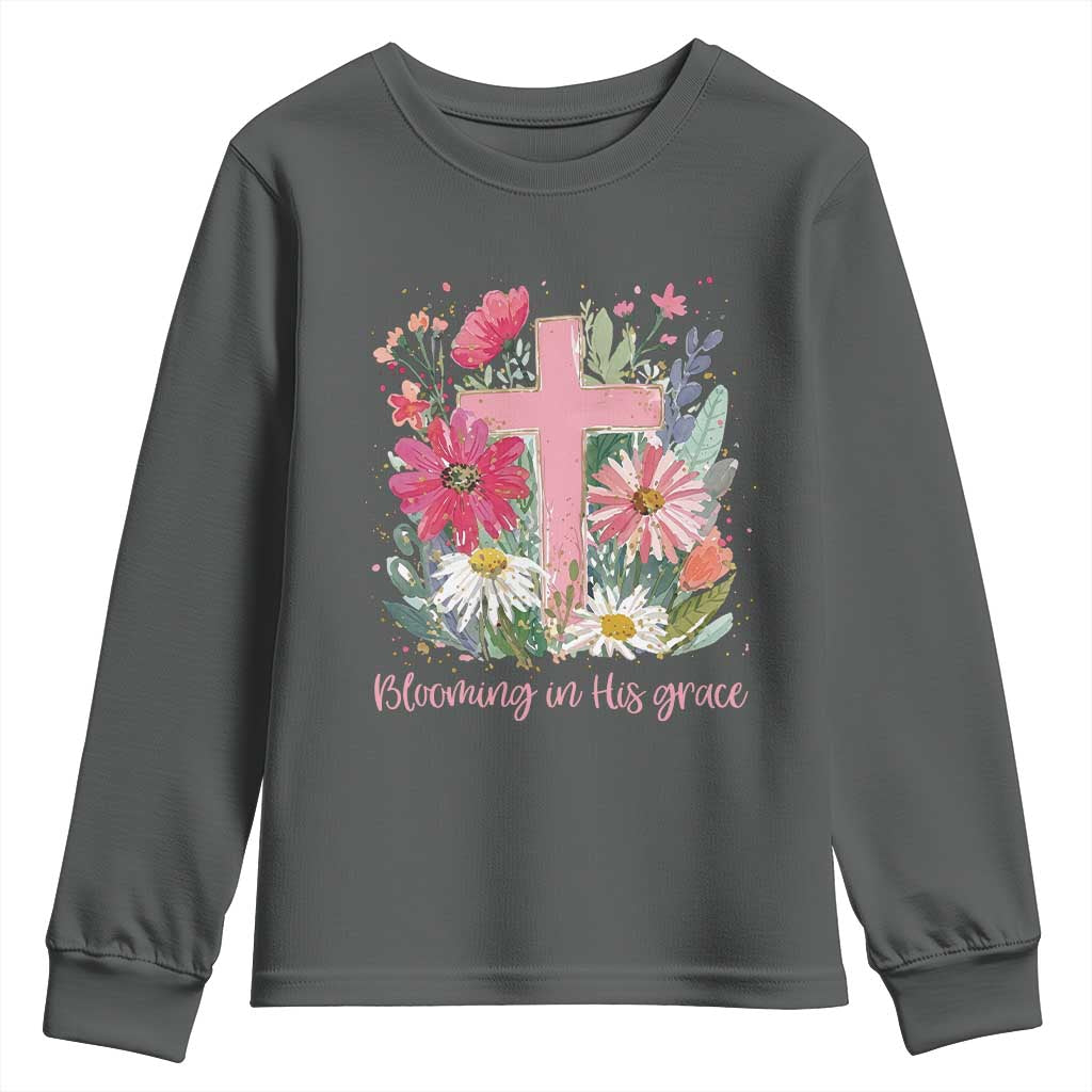 Blooming in His Grace Youth Sweatshirt Boho Wildflower Christian Faith Bible Verse
