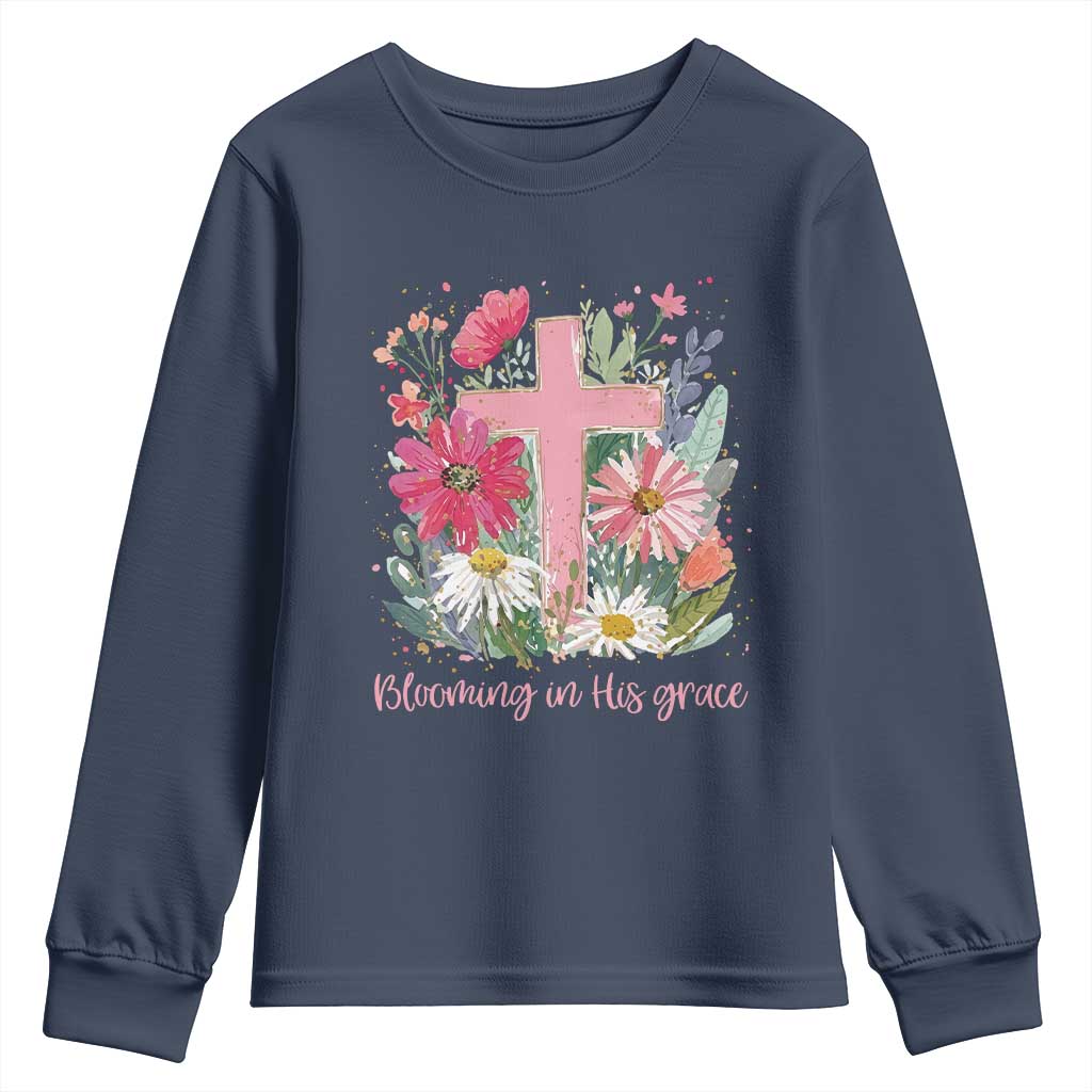 Blooming in His Grace Youth Sweatshirt Boho Wildflower Christian Faith Bible Verse