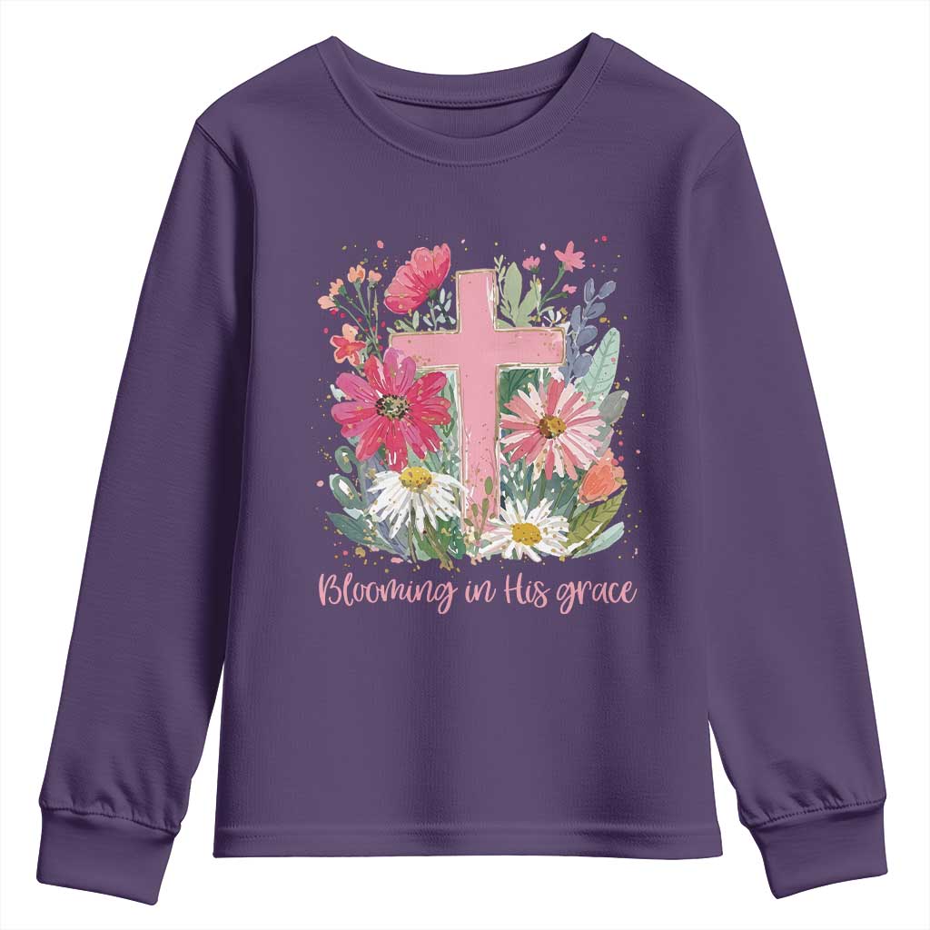 Blooming in His Grace Youth Sweatshirt Boho Wildflower Christian Faith Bible Verse