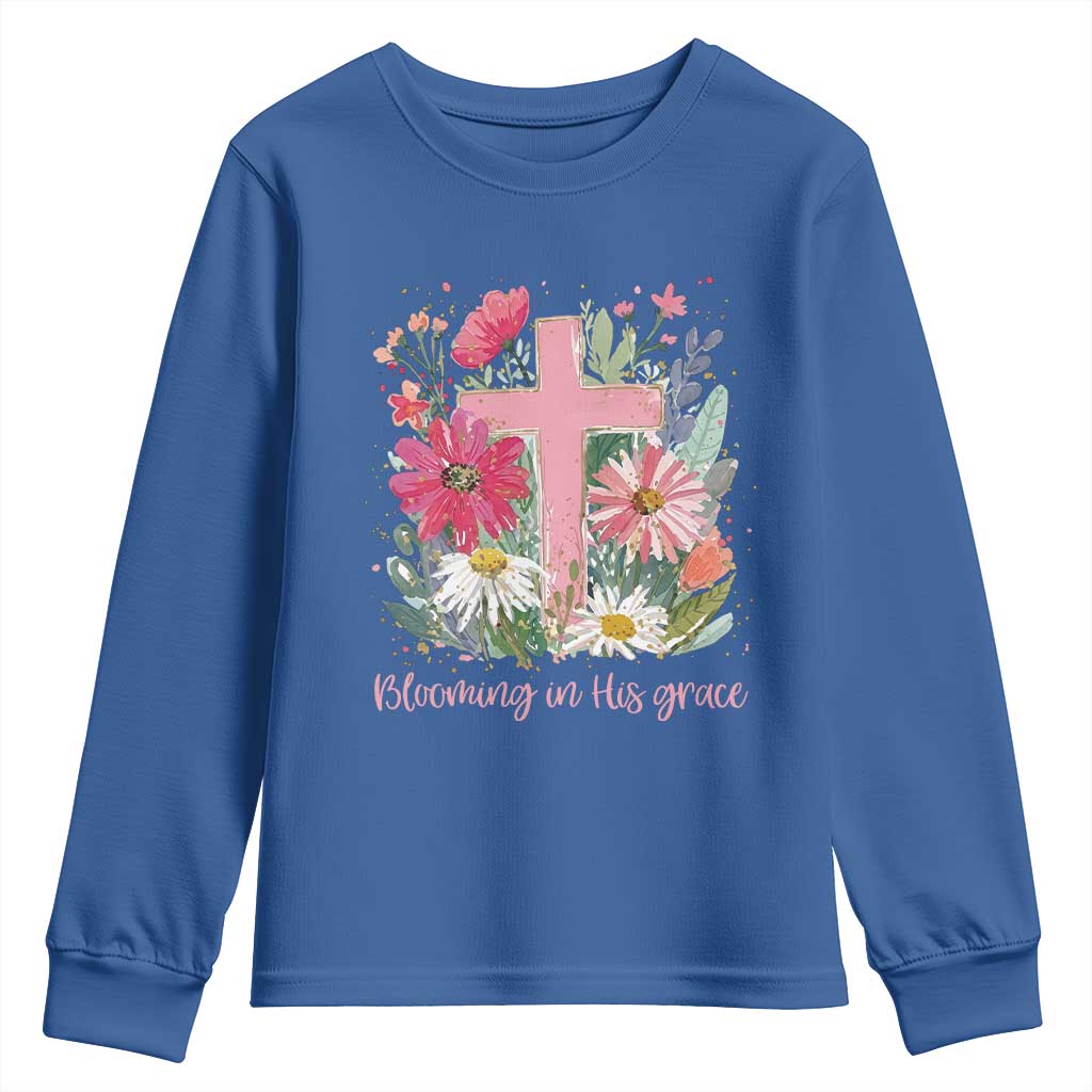 Blooming in His Grace Youth Sweatshirt Boho Wildflower Christian Faith Bible Verse