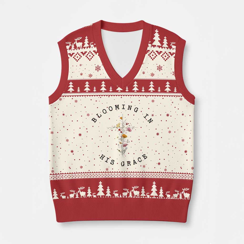 Blooming in His Grace V-Neck Knit Sweater Vest Boho Wildflower Christian Faith