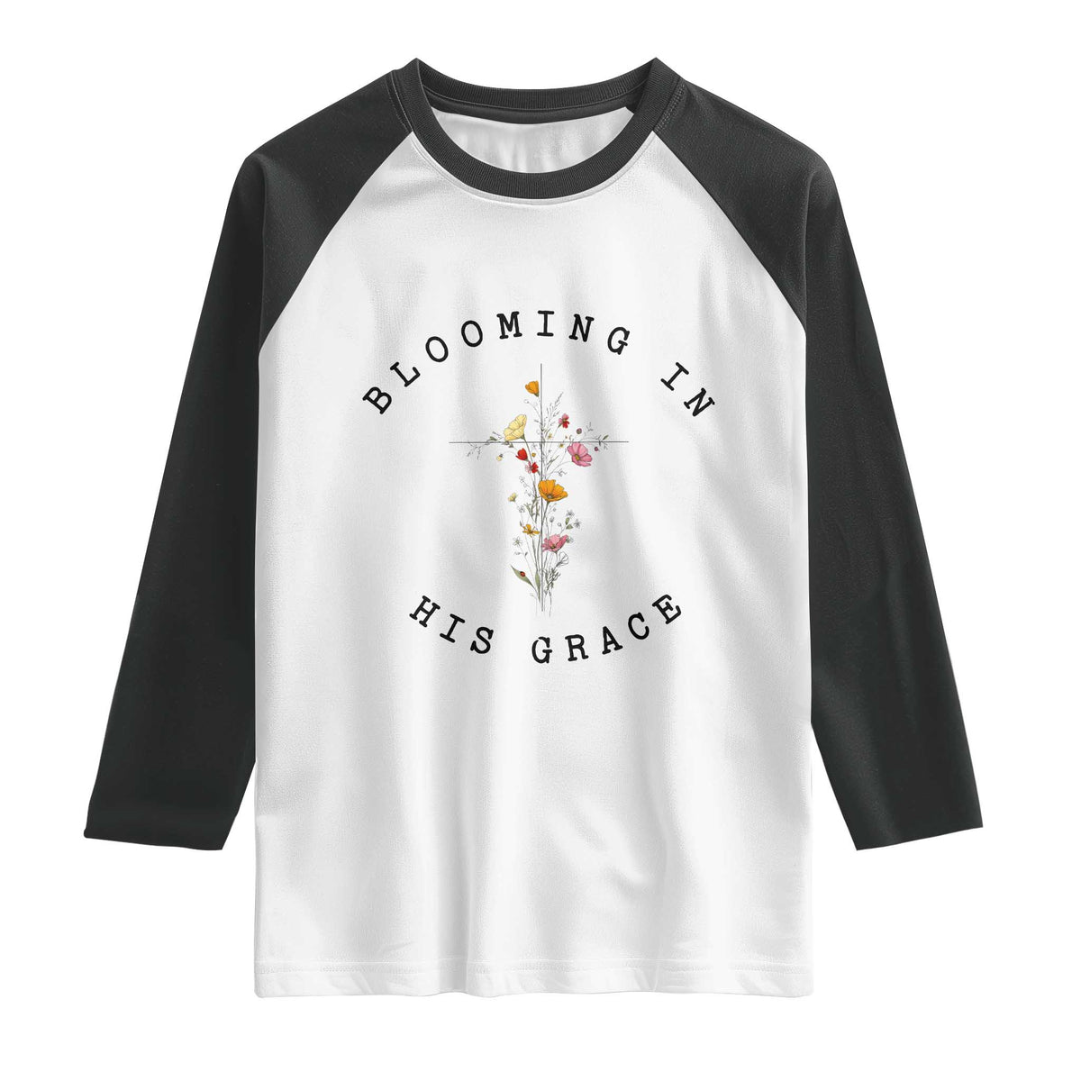 Blooming in His Grace Raglan Shirt Boho Wildflower Christian Faith
