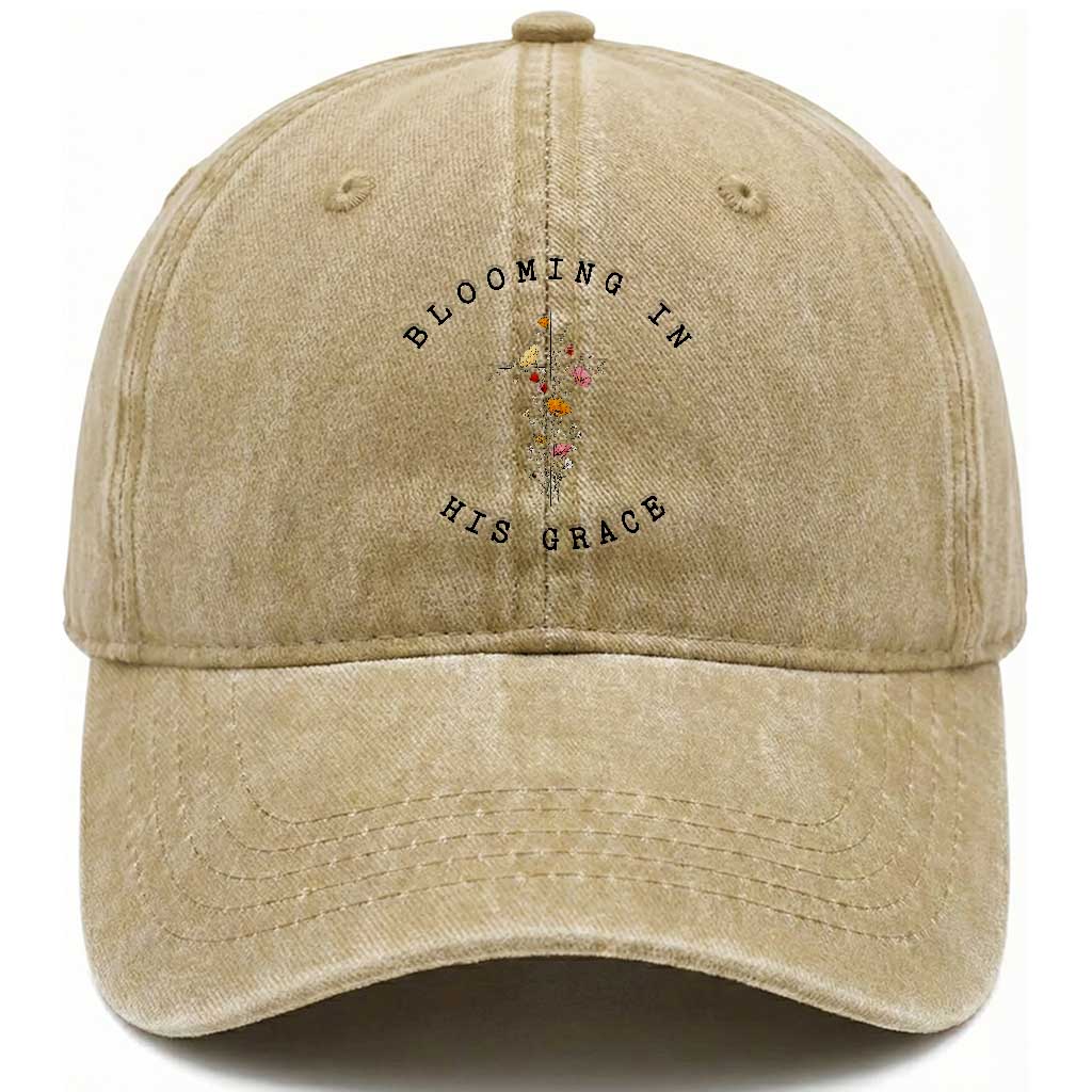 Blooming in His Grace Washed Cotton Baseball Cap Boho Wildflower Christian Faith