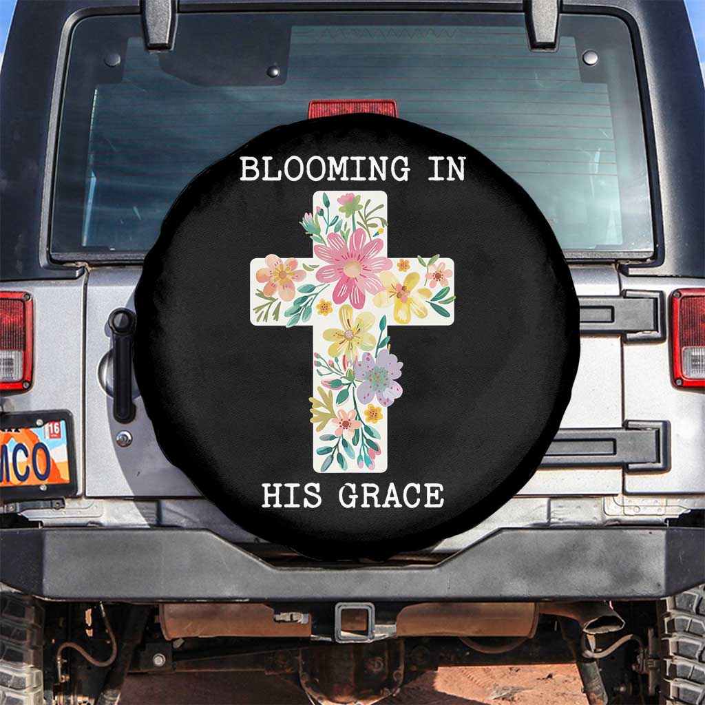 Blooming in His Grace Boho Christian Wildflower Spare Tire Cover Floral Cross Religious