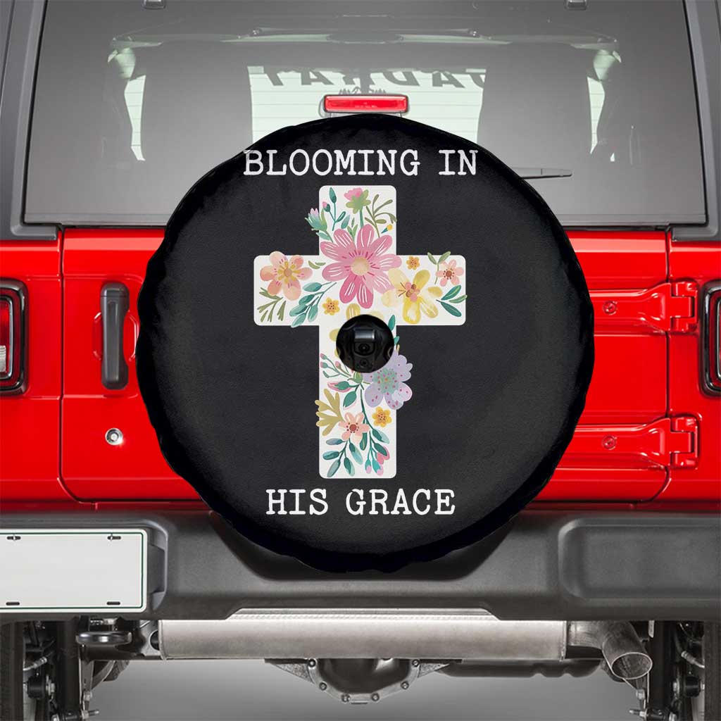 Blooming in His Grace Boho Christian Wildflower Spare Tire Cover Floral Cross Religious