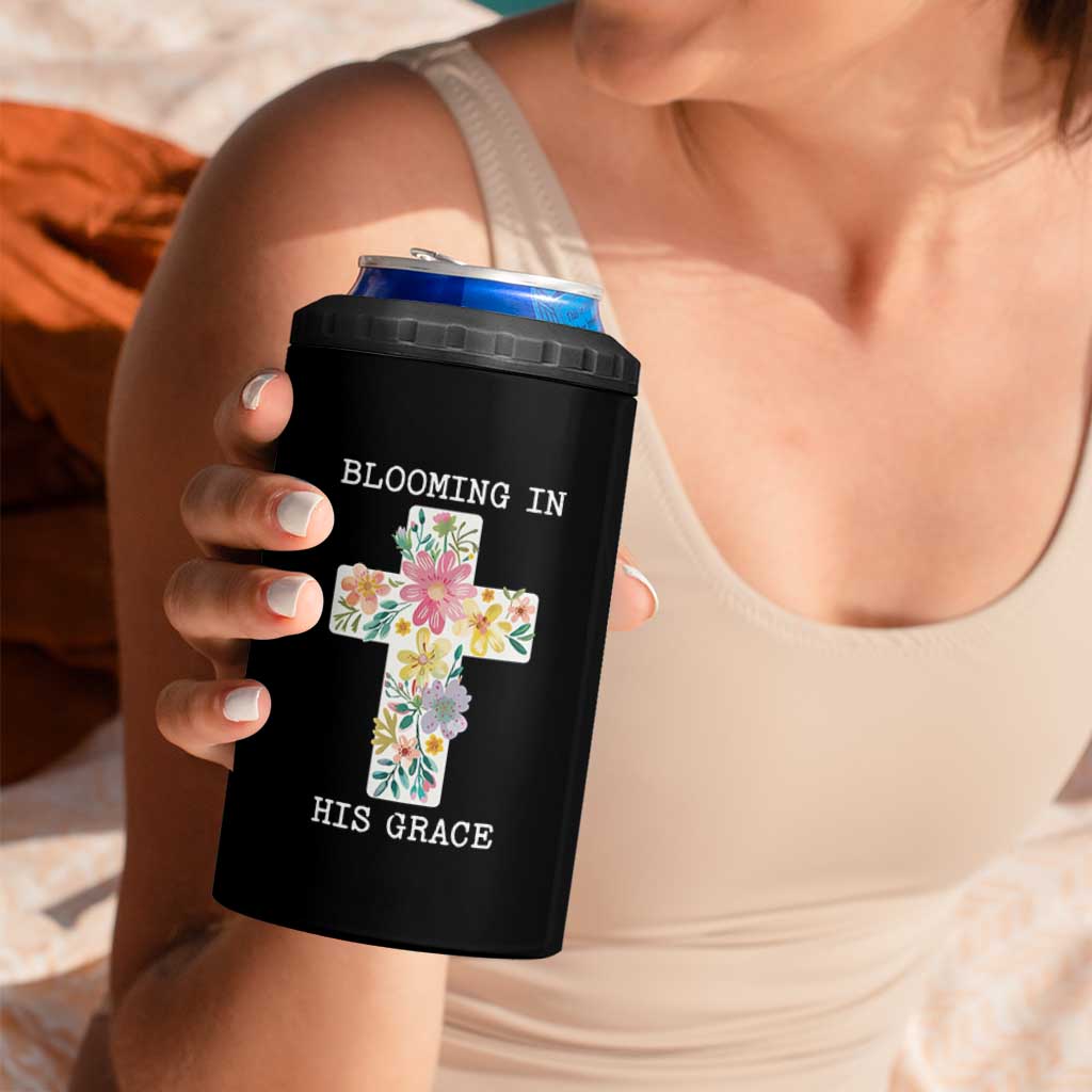Blooming in His Grace Boho Christian Wildflower 4 in 1 Can Cooler Tumbler Floral Cross Religious