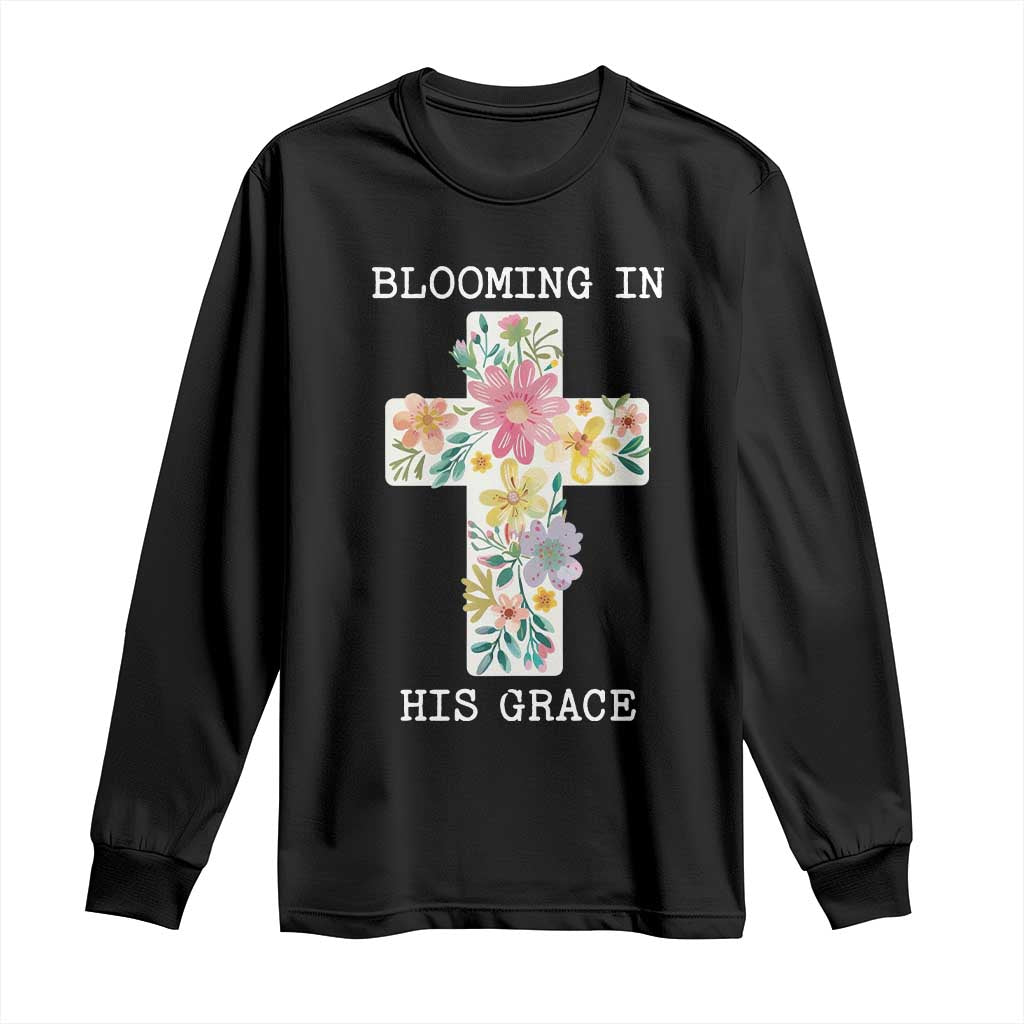 Blooming in His Grace Boho Christian Wildflower Long Sleeve Shirt Floral Cross Religious