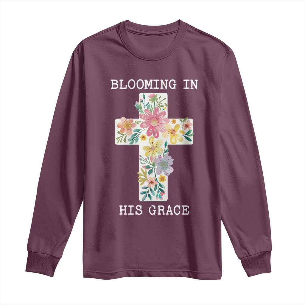 Blooming in His Grace Boho Christian Wildflower Long Sleeve Shirt Floral Cross Religious