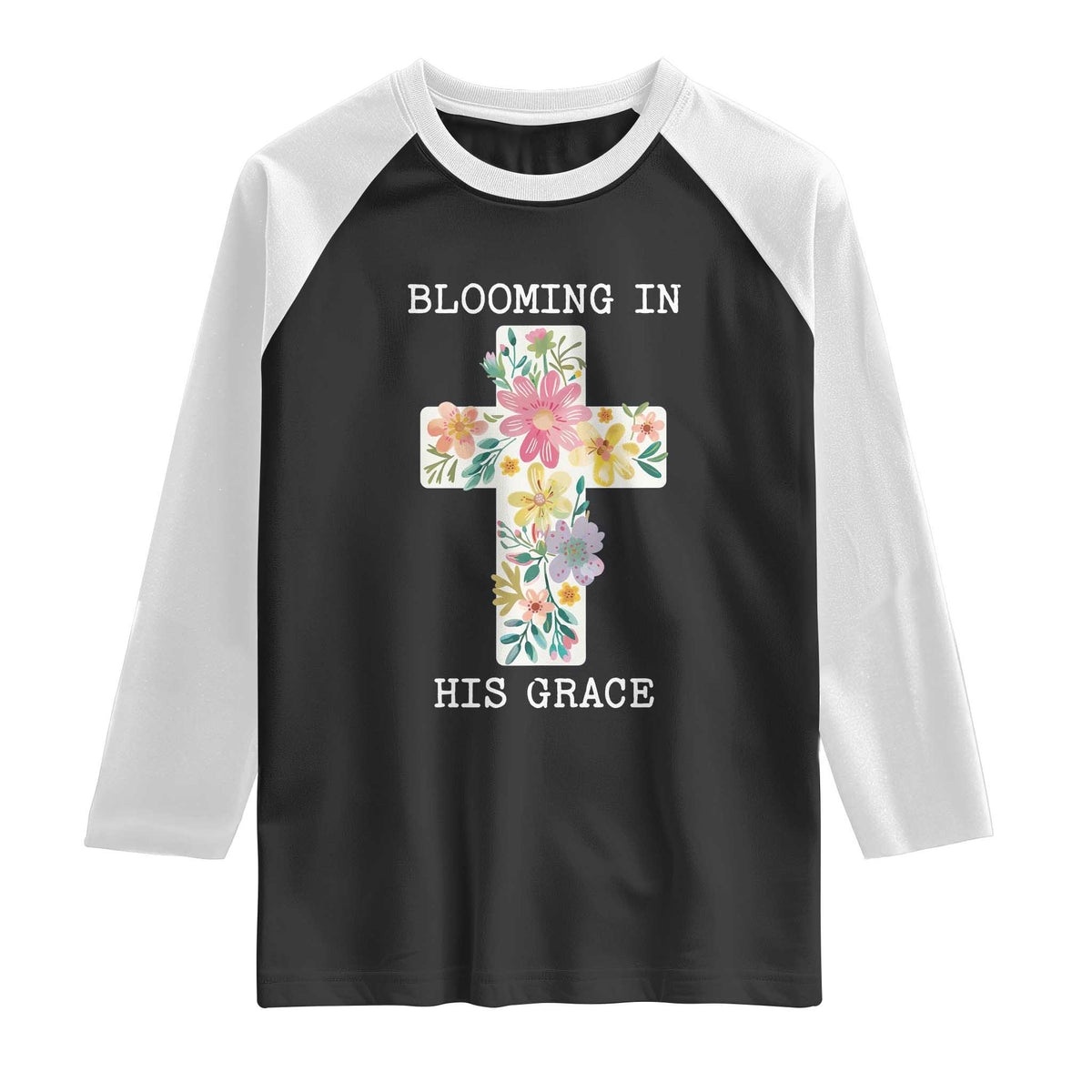 Blooming in His Grace Boho Christian Wildflower Raglan Shirt Floral Cross Religious