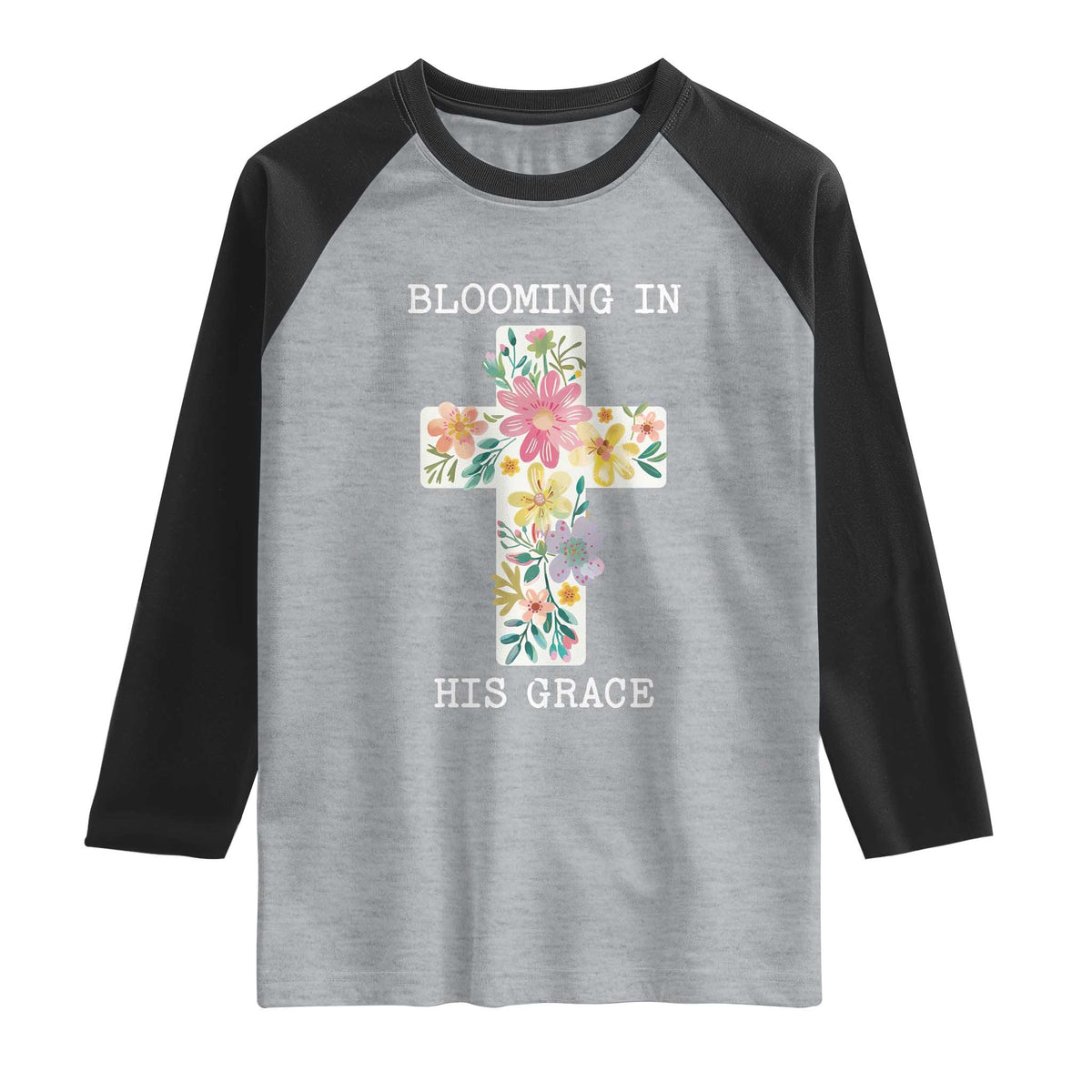Blooming in His Grace Boho Christian Wildflower Raglan Shirt Floral Cross Religious