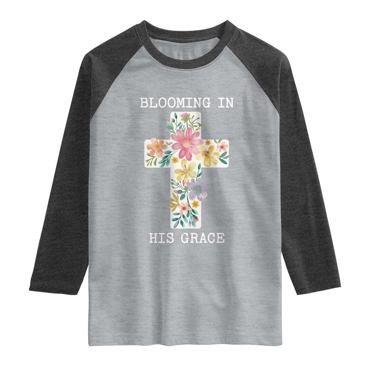 Blooming in His Grace Boho Christian Wildflower Raglan Shirt Floral Cross Religious