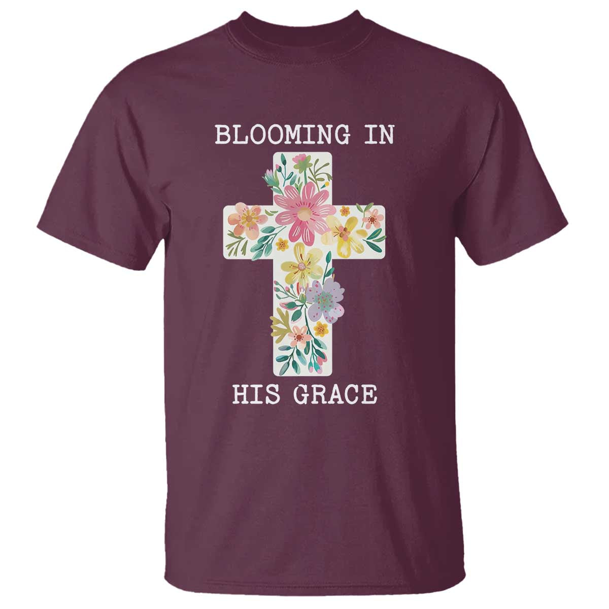 Blooming in His Grace Boho Christian Wildflower T Shirt Floral Cross Religious