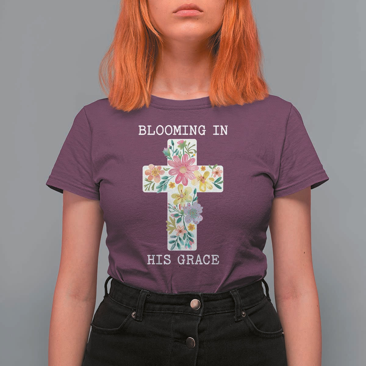 Blooming in His Grace Boho Christian Wildflower T Shirt For Women Floral Cross Religious