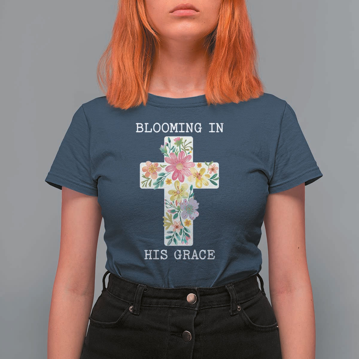 Blooming in His Grace Boho Christian Wildflower T Shirt For Women Floral Cross Religious