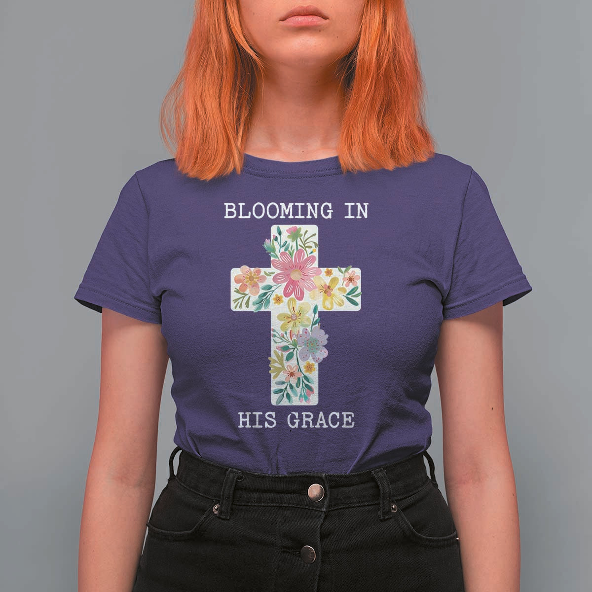 Blooming in His Grace Boho Christian Wildflower T Shirt For Women Floral Cross Religious