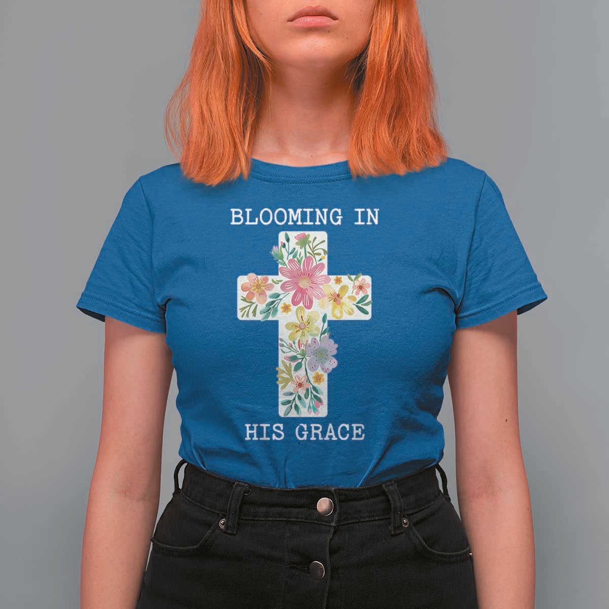 Blooming in His Grace Boho Christian Wildflower T Shirt For Women Floral Cross Religious