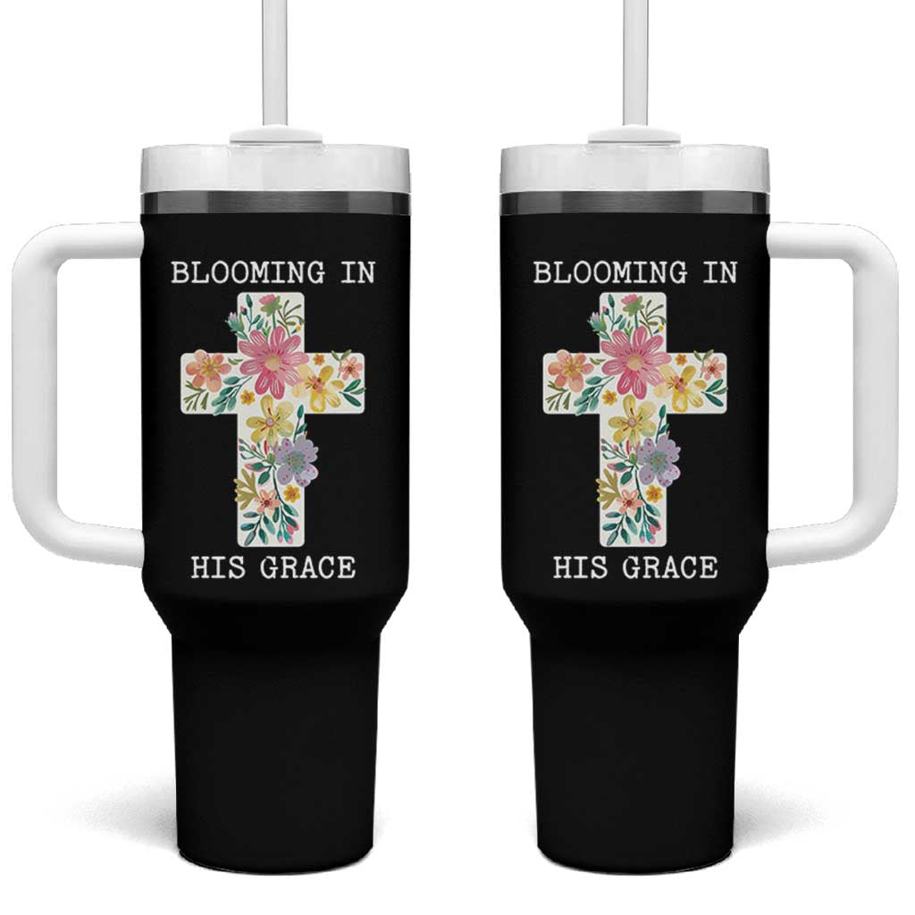 Blooming in His Grace Boho Christian Wildflower Tumbler With Handle Floral Cross Religious