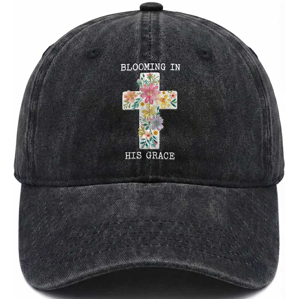 Blooming in His Grace Boho Christian Wildflower Washed Cotton Baseball Cap Floral Cross Religious