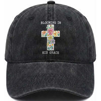 Blooming in His Grace Boho Christian Wildflower Washed Cotton Baseball Cap Floral Cross Religious