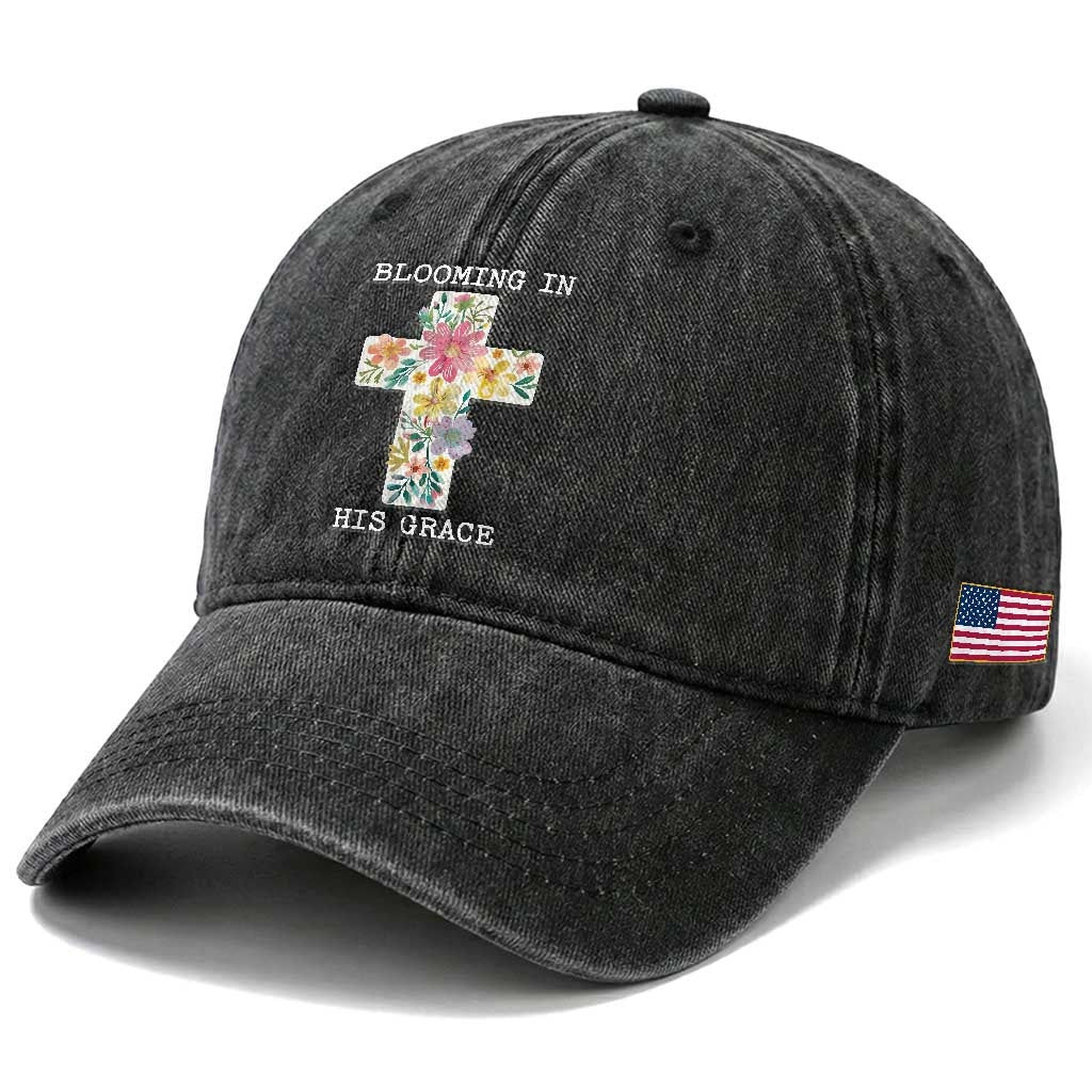 Blooming in His Grace Boho Christian Wildflower Washed Cotton Baseball Cap Floral Cross Religious