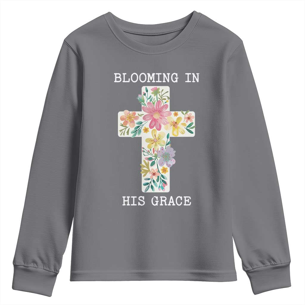 Blooming in His Grace Boho Christian Wildflower Youth Sweatshirt Floral Cross Religious
