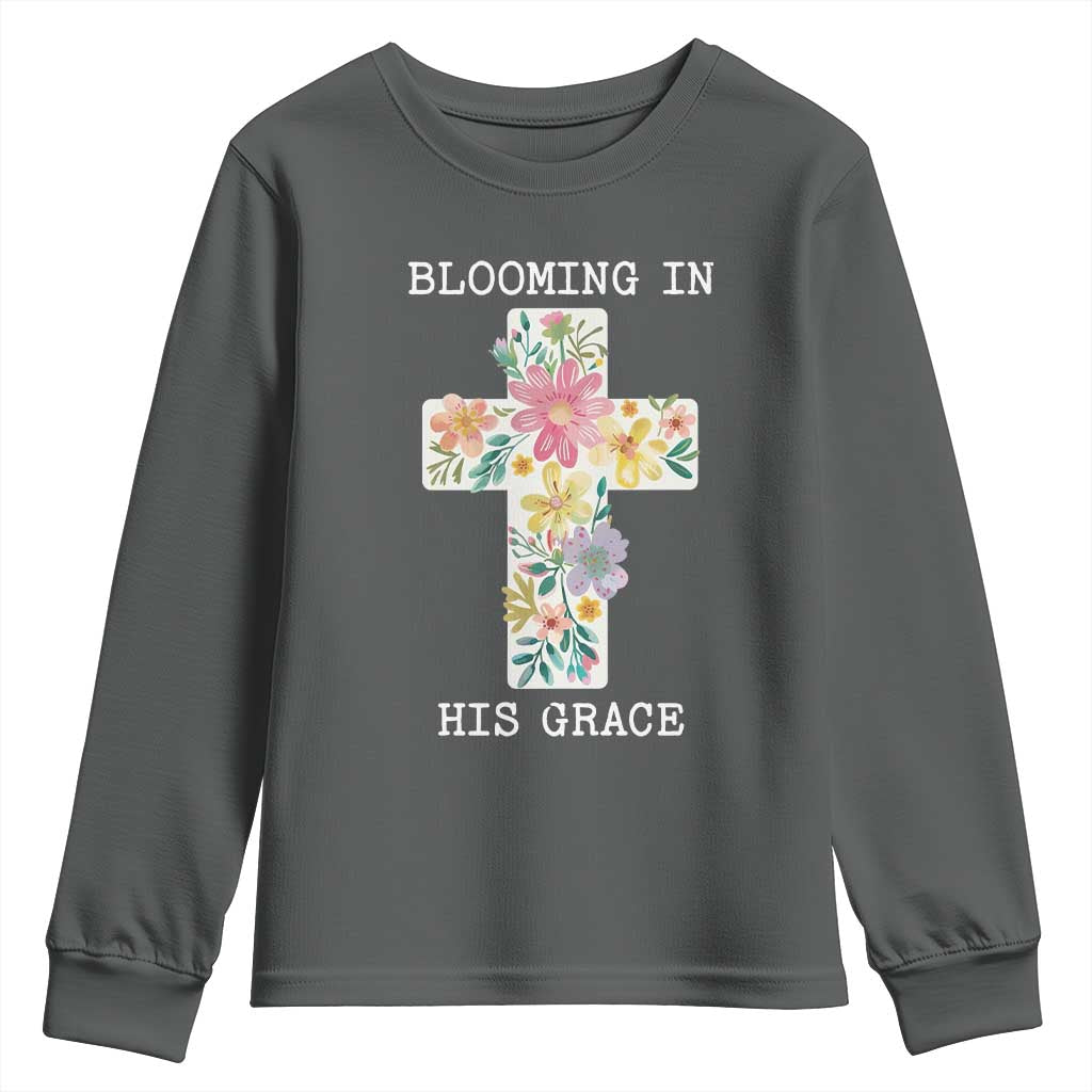 Blooming in His Grace Boho Christian Wildflower Youth Sweatshirt Floral Cross Religious