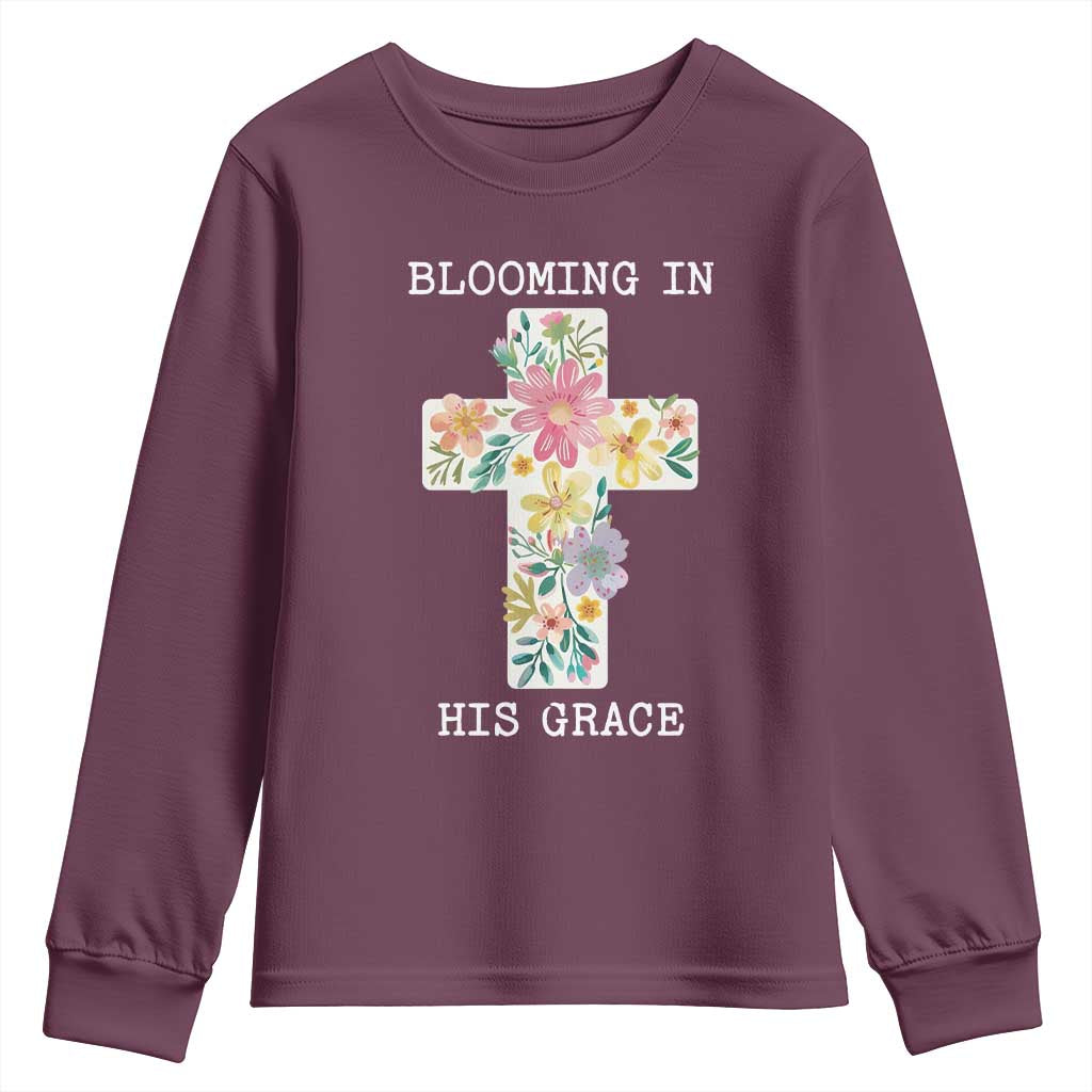Blooming in His Grace Boho Christian Wildflower Youth Sweatshirt Floral Cross Religious