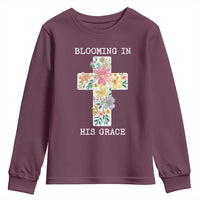 Blooming in His Grace Boho Christian Wildflower Youth Sweatshirt Floral Cross Religious