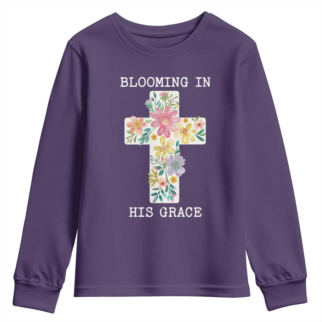 Blooming in His Grace Boho Christian Wildflower Youth Sweatshirt Floral Cross Religious