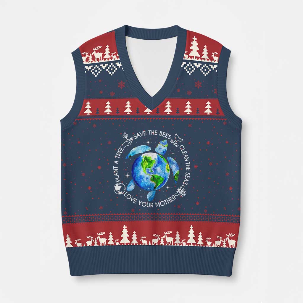 Earth Day Sea Turtle V-Neck Knit Sweater Vest Save Bees Plant Trees Clean Seas Environmentalist