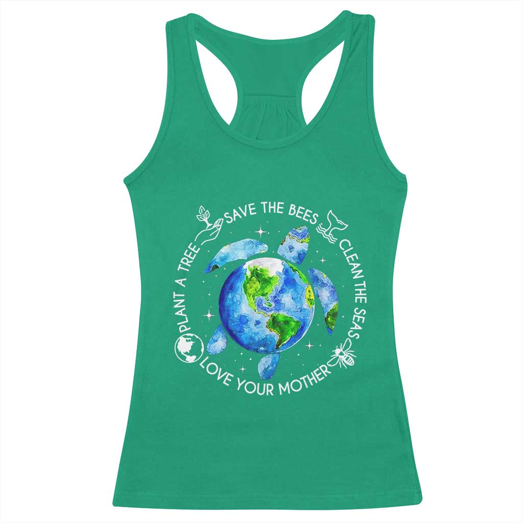 Earth Day Sea Turtle Racerback Tank Top Save Bees Plant Trees Clean Seas Environmentalist