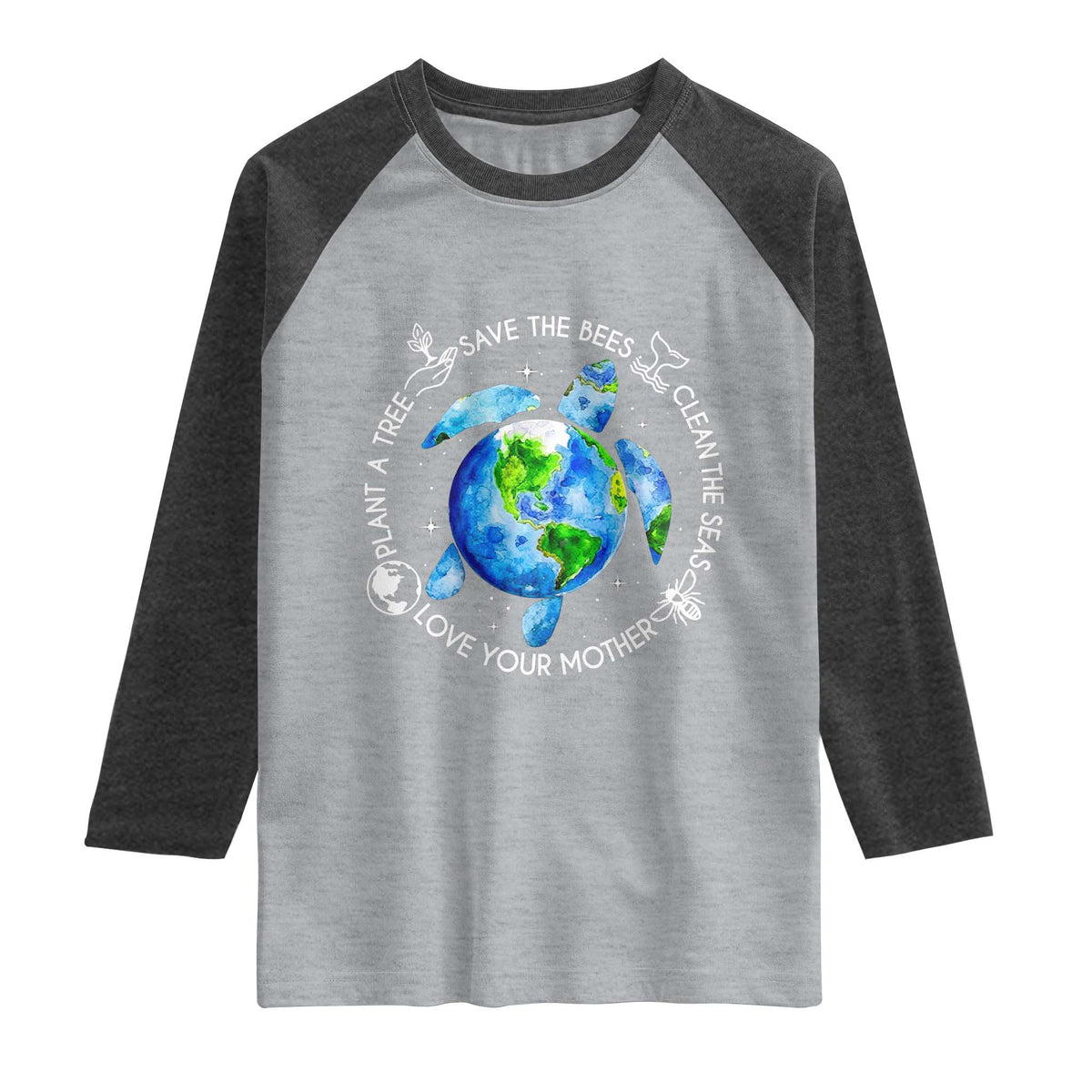 Earth Day Sea Turtle Raglan Shirt Save Bees Plant Trees Clean Seas Environmentalist