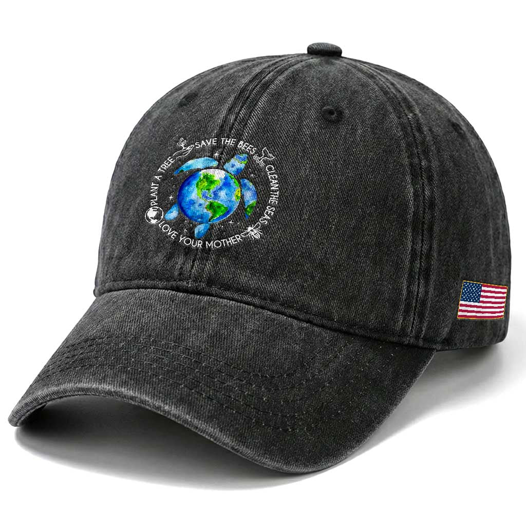 Earth Day Sea Turtle Washed Cotton Baseball Cap Save Bees Plant Trees Clean Seas Environmentalist